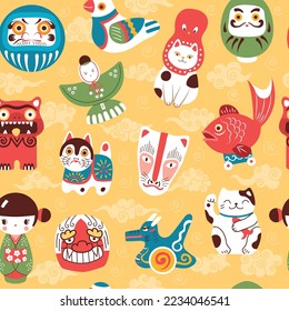 Japanese toys pattern. Lucky and fortune items maneki cat recent vector seamless background