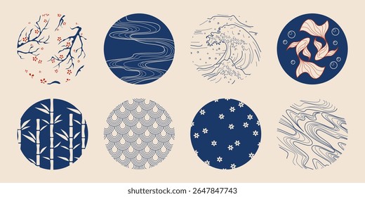 Japanese tradition circle patterns - cherry blossoms, ocean waves, koi fish, bamboo and flowing water designs. Asian decorative elements with sakura branches, blue geometric shapes and nature motifs.