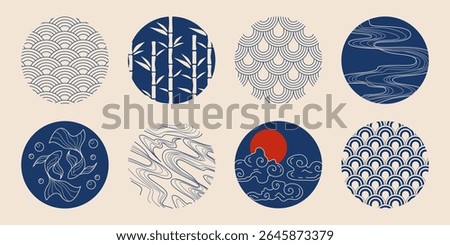 Japanese tradition circle patterns in navy blue on beige bg - wave motifs, bamboo stalks, koi fish, sunset over clouds and geometric seigaiha scales designs. Asian oriental decorative elements.