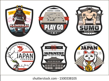 Japanese tradition and culture symbols. Vector welcome to Japan text with cat and Japanese hieroglyphs, Japan sumo school badge and samurai warrior, bonsai and ikebana floral design, go game