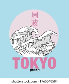 Japanese Tradition Illustration Of Ocean Waves. Japanese Slogan Text 