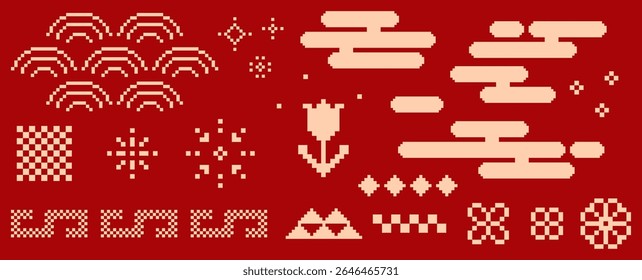 Japanese tradition patterns in gold on red bg. Japanese cloud motif, geometric seigaiha texture, sakura flower icon. Decorative abstract pixelated elements for Asian oriental digital style design