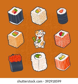 Japanese tradition. Set of sushi rolls and lucky cat with fish. Vector illustration