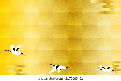 Japanese traditional background material, Gold leaf style, Crane and Japanese pattern Haze