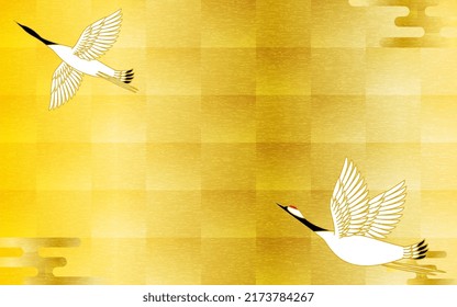 Japanese traditional background material, Gold leaf style, Crane and Japanese pattern Haze