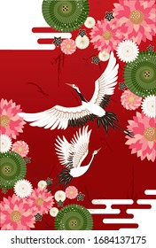 Japanese traditional bird and Japanese style umbrella and colorful flower background, Japanese watercolor style background material