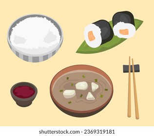 Desayuno tradicional japonés. Arroz, panecillos y sopa de setas. Cocina asiática tradicional. Menú para cafetería o restaurante. Colección vectorial plana de dibujos animados aislada en fondo amarillo