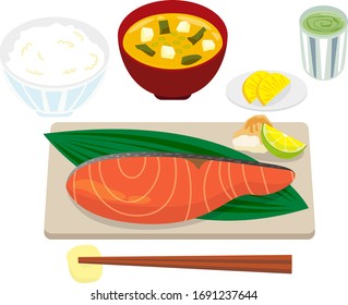 Japanese traditional breakfast vector illustration . Salmon, miso soup, white rice