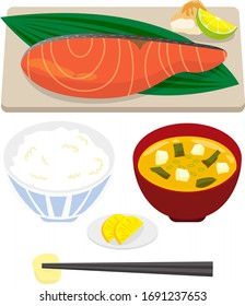 Ilustración vectorial del desayuno tradicional japonés. Salmón, sopa de miso, arroz blanco