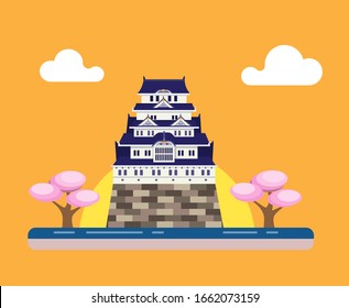 japanese traditional castle with sakura tree and sunset background concept in flat style illustration editable vector