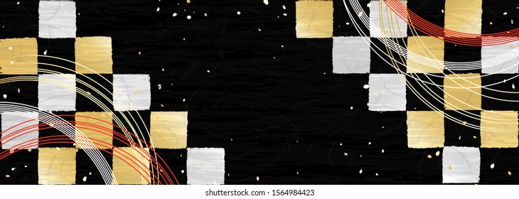 Japanese traditional check pattern. Gold and silver festive frame style design. The thin string-shaped item is a Japanese ornament called Mizuhiki