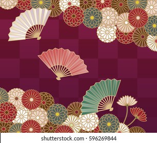 Japanese traditional chrysanthemum floral pattern and hand fan background illustration