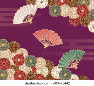 Japanese traditional chrysanthemum floral pattern and hand fan background illustration