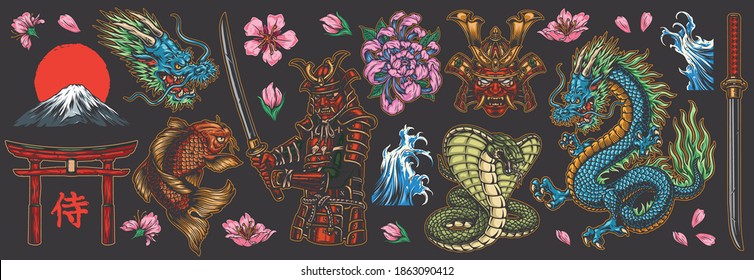 Japanese traditional colorful elements set with dragon samurai katanas torii gate koi fish fujiyama mountain snakes sea waves chrysanthemum and sakura flowers isolated vector illustration