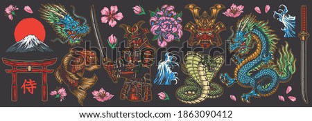 Japanese traditional colorful elements set with dragon samurai katanas torii gate koi fish fujiyama mountain snakes sea waves chrysanthemum and sakura flowers isolated vector illustration