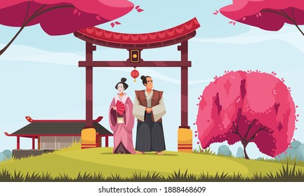 Japanese traditional composition with outdoor scenery and couple in ancient costumes with gate and blossomed sakura vector illustration