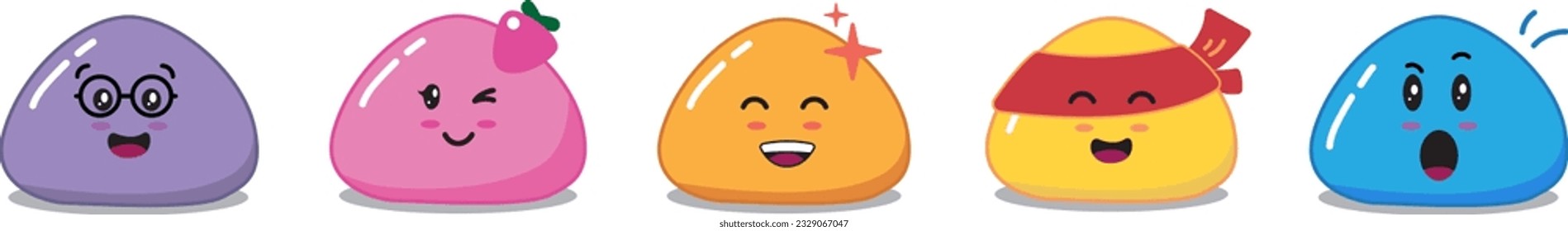 Japanese traditional cuisine dishes. Mochi character`s set. Mochi vector stickers.