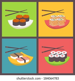Japanese traditional cuisine, food icons set, flat design vector