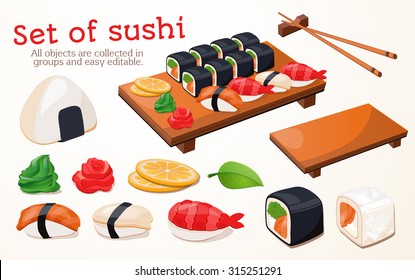 Japanese traditional cuisine, food, illustration, set of sushi, rolls, fast food, sushi.