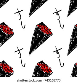 Japanese Traditional Cuisine Temaki Sushi Caviar Roe Sketch Style Vector Seamless Pattern with Japanese Word for Sushi