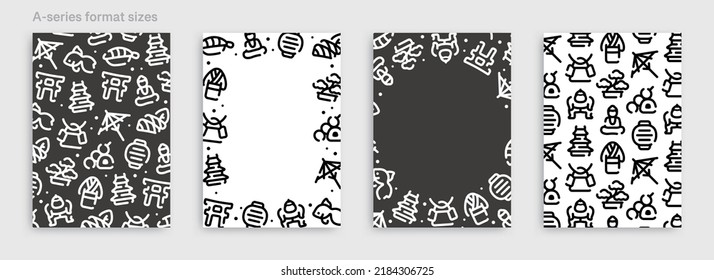 Japanese traditional culture icon pattern background for graphic design.A-size vertical vector template set.