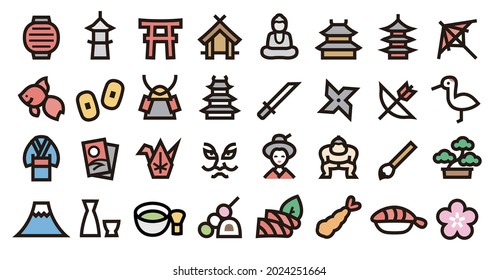 Japanese Traditional Culture Icon Set (Bold outline Color version)