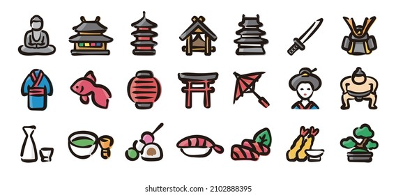 Japanese traditional culture icon set for graphic (Hand draw color version)