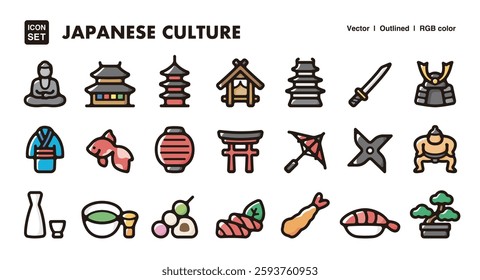 Japanese traditional culture illustration icon set.Simple vector outlines, clipart for graphic design.