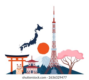 Japanese Traditional culture symbols composition. Tokio tower, Mount Fuji, Maneki Neko lucky cat, Japan map, pagoda, sakura, torii gate. Travel to Japan.