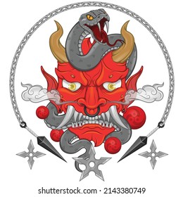 Diseño vectorial de demonio tradicional japonés con serpiente, máscara nipona Hannya con serpientes