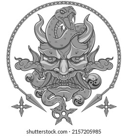 Japanese traditional demon vector design with snake, Oni Japanese Demon Hannya Mask With Snakes