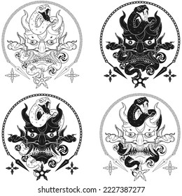 Japanese traditional demon vector design with snake, Oni Japanese Demon Hannya Mask With Snakes