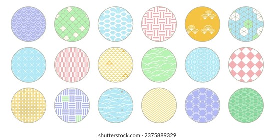 Japanese Traditional Design Patterns. Circles with Geometric Minimalist Waves, Shapes and Rounds. Vintage Textile Art, Zen Harmony in Oriental Aesthetic. Vector Collection for Craft, Designs, Fabrics.