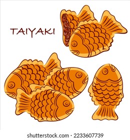 postre japonés tradicional, tarta en forma de pescado, taiyaki, panqueque dulce con frijol rojo, pastel de pescado. Ilustración vectorial.