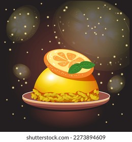 Japanese traditional dessert mochi with orange on plate and dark festive background. Isolated design element for festive menu, Asian restaurant. Vector realistic illustration.