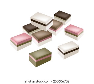 Japanese Traditional Dessert, Uiro Mochi or Bar of Steamed Layer Cake Made of Rice Flour and Sugar Isolated on White Background. 