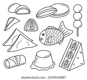 Japanese traditional desserts set. Asian sweets collection. Wagashi. Mochi, taiyaki, dorayaki, purin, yatsuhashi, daifuku, dango, fruit sando, sakuramochi. Isolated vector illustration in doodle style