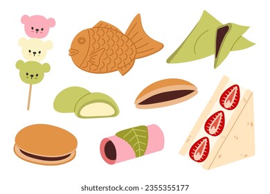 Japanese traditional desserts set. Asian sweets collection. Mochi, taiyaki, dorayaki, purin, yatsuhashi, daifuku, dango, fruit sando, sakuramochi. Vector illustration in flat cartoon style.