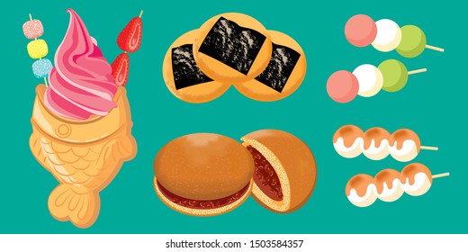 japanese traditional desserts set, mochi, dorayaki, dango, taiyaki with icecream, nori senbei, sweet dessert set