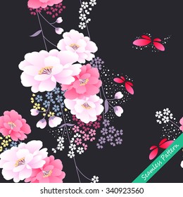 Japanese traditional floral kimono seamless pattern. Vector illustration