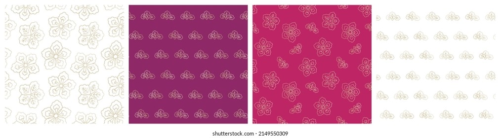 Japanese traditional flowers seamless pattern set. Reach gold cherry blossom on pink, magenta and purple backgrounds. Luxury vector design for fabric print or home decor textile.