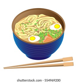 Japanese traditional food ramen soup in deep round bowl and sticks for sushi near on white. Pottage with noodles, eggs and herbs. Cooked hot dish with many ingredients in oriental style. Vector