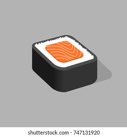 Japanese traditional food. Roll with a sheet of nori, white rice and salmon. Vector illustration. Banner.