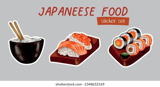 Japanese traditional food, vector sticker set, watercolor. Delicious food, fish, sushi, rice, bowl. Beautiful printable illustrations for stickers.
