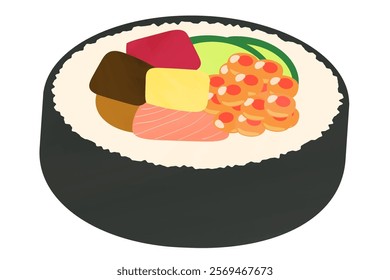 Japanese traditional Futomaki, Ehomaki, Setsubun, lots of ingredients the main are seafoods, 1cut