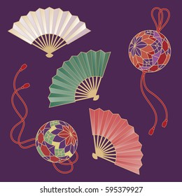 Japanese traditional hand fans and handballs with tassel