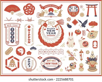 Japanese traditional icon and design frame collection. Simple style. 2023 New year.