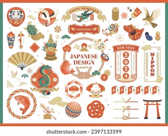 Colección japonesa tradicional de iconos y marcos de diseño. 2024 Año nuevo.