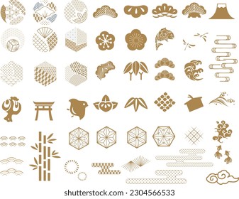 Japanese traditional icon vector. Geometric logo and symbol elements. Gold object decoration in vintage. Fuji mountain, Cherry blossom flower, Bonsai, bamboo, cloud, wave, sign.