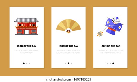 Japanese traditional images flat vector icon set. Pagoda, fan, samurai isolated sign pack. Asian culture and tradition concept. Vector illustration symbol elements for web design and apps.